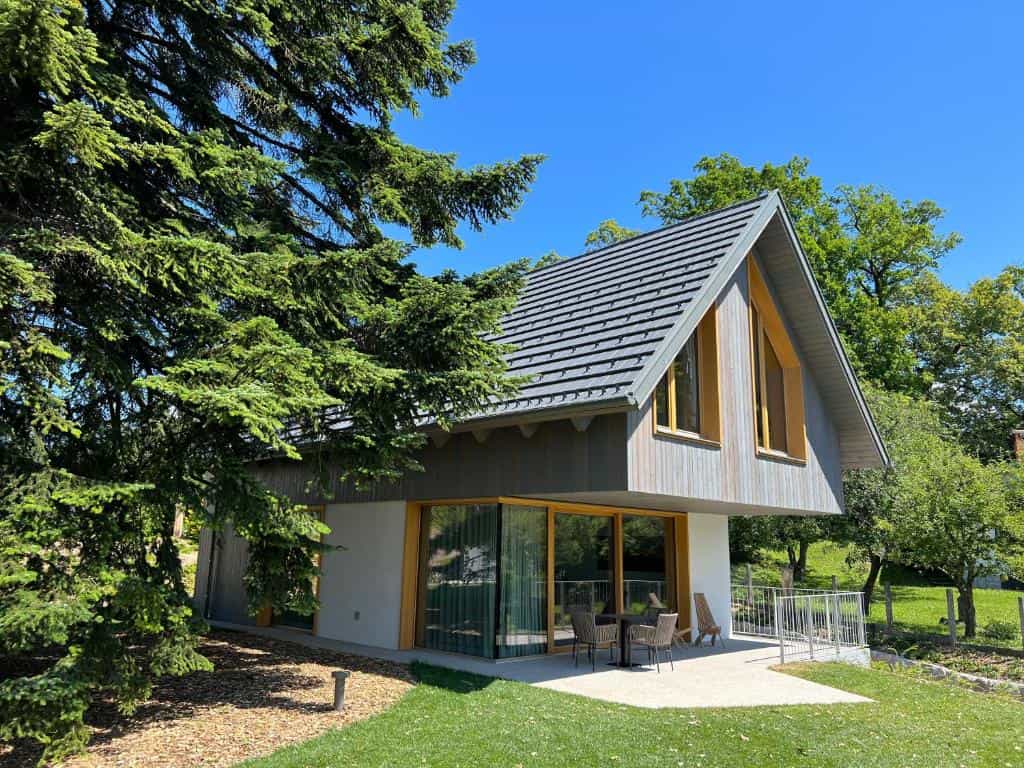 Modern cabin with a patio and outdoor seating set in a sunny, tree-lined garden.