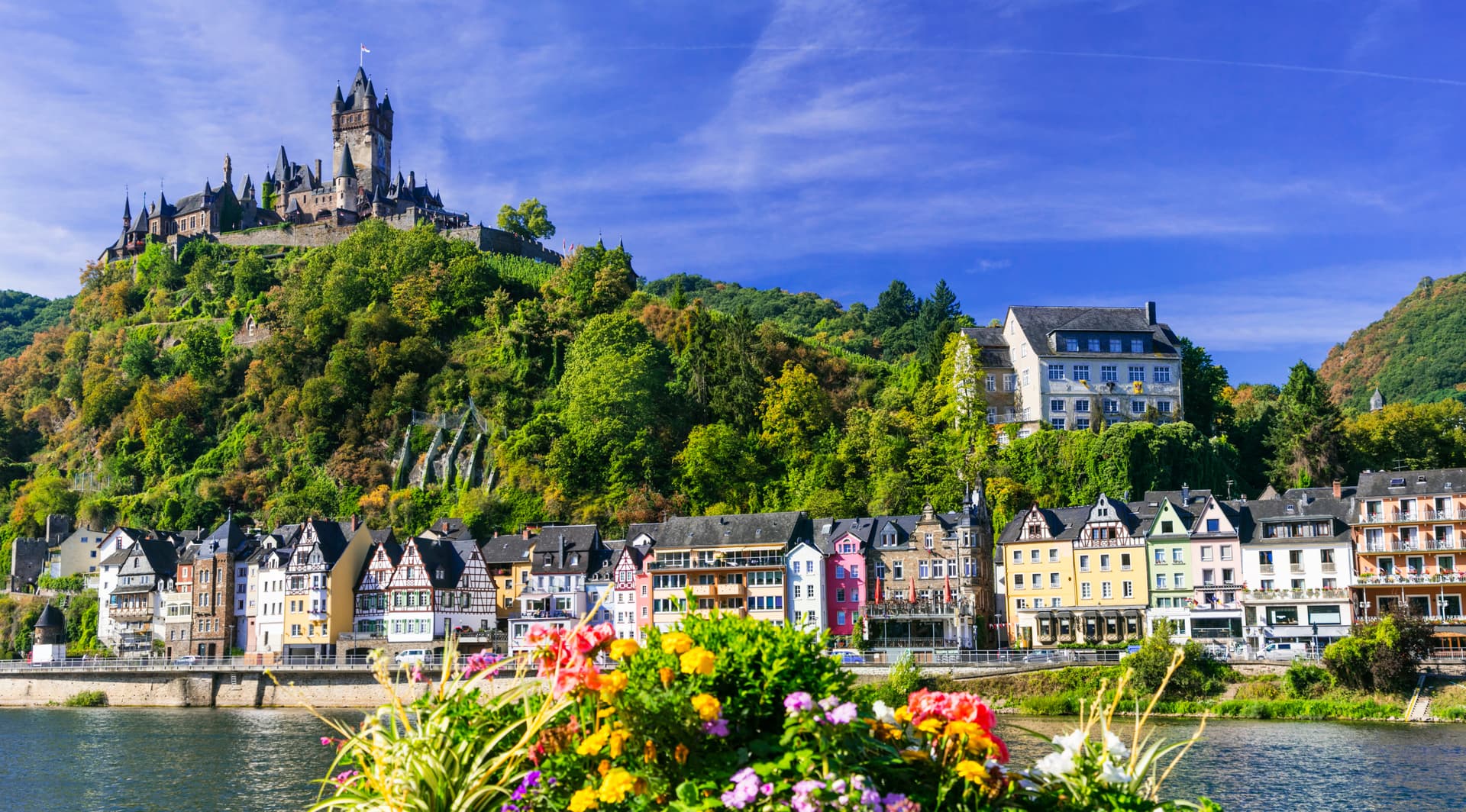 Castle above colorful townhouses along a river with flowers in the foreground, Germany.