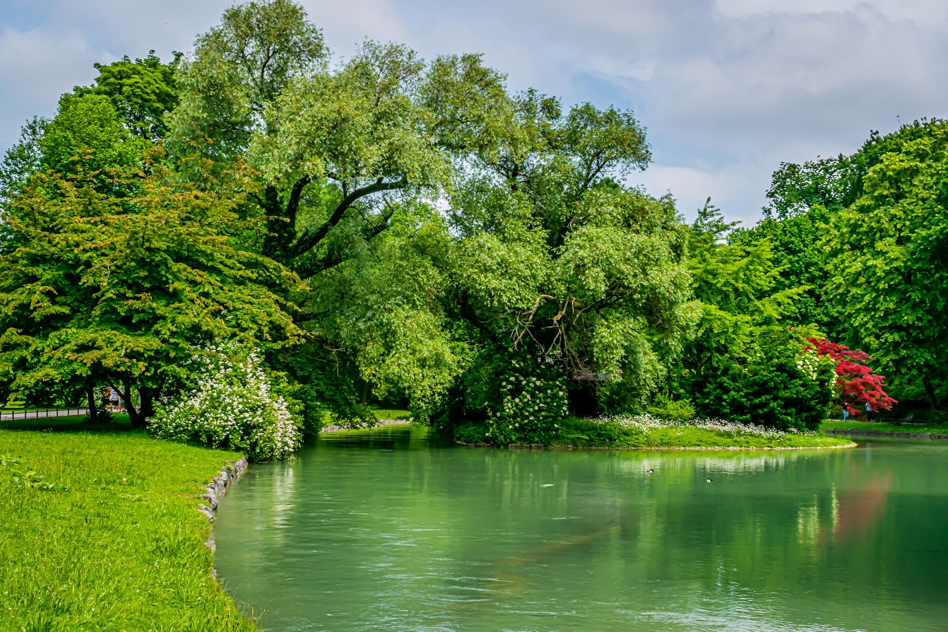Lush green park with a calm green pond, flowering bushes, and large trees under a cloudy sky.