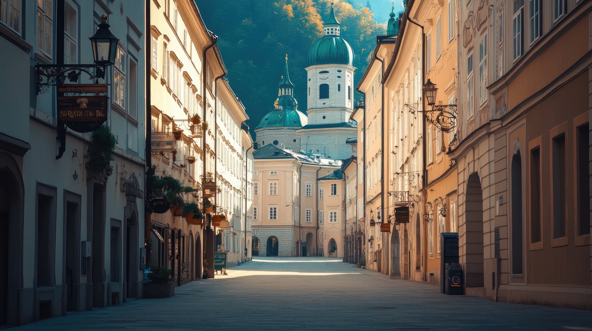 Cobblestone street leading to church with green domes in Salzburg, backed by forested mountain.
