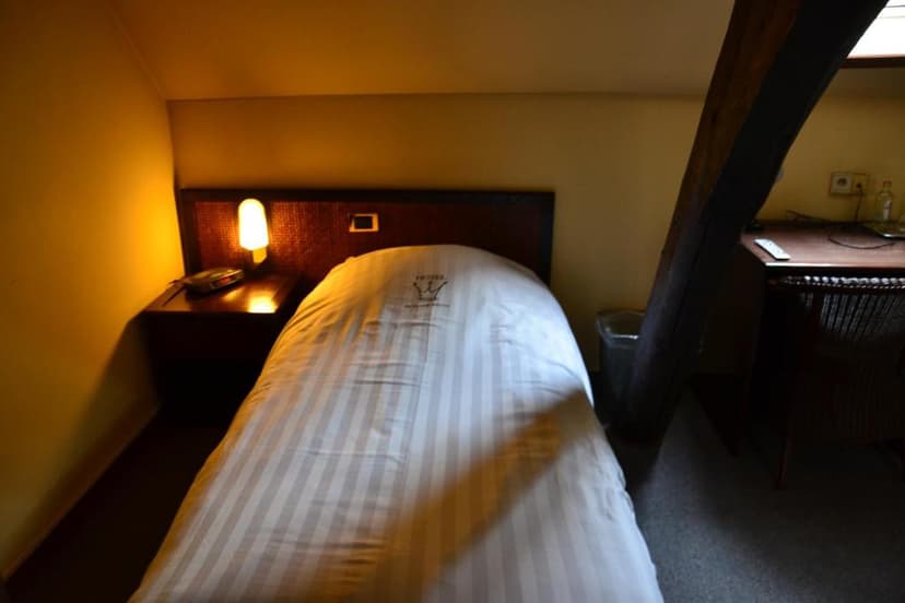 Single bed with striped duvet in dimly lit hotel room with wooden beam structure.