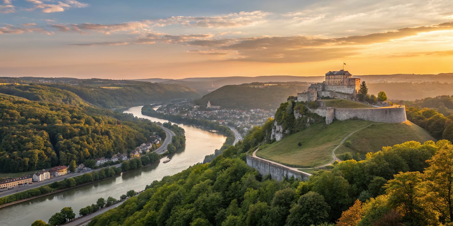 Citadel on hillside overlooking river valley and town at sunset, Namur, Belgium.