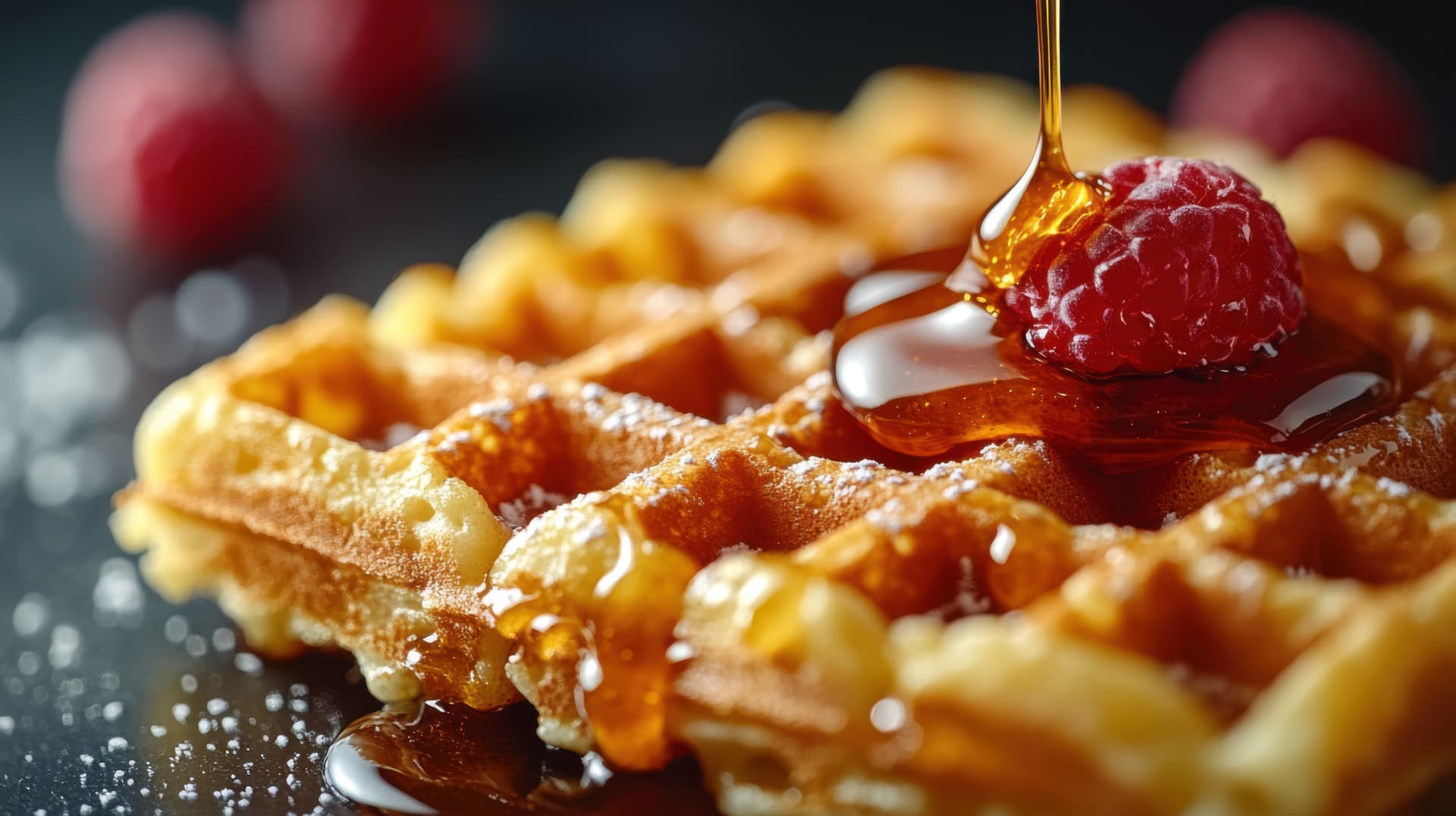 Waffle topped with raspberry and pouring syrup, dusted with powdered sugar
