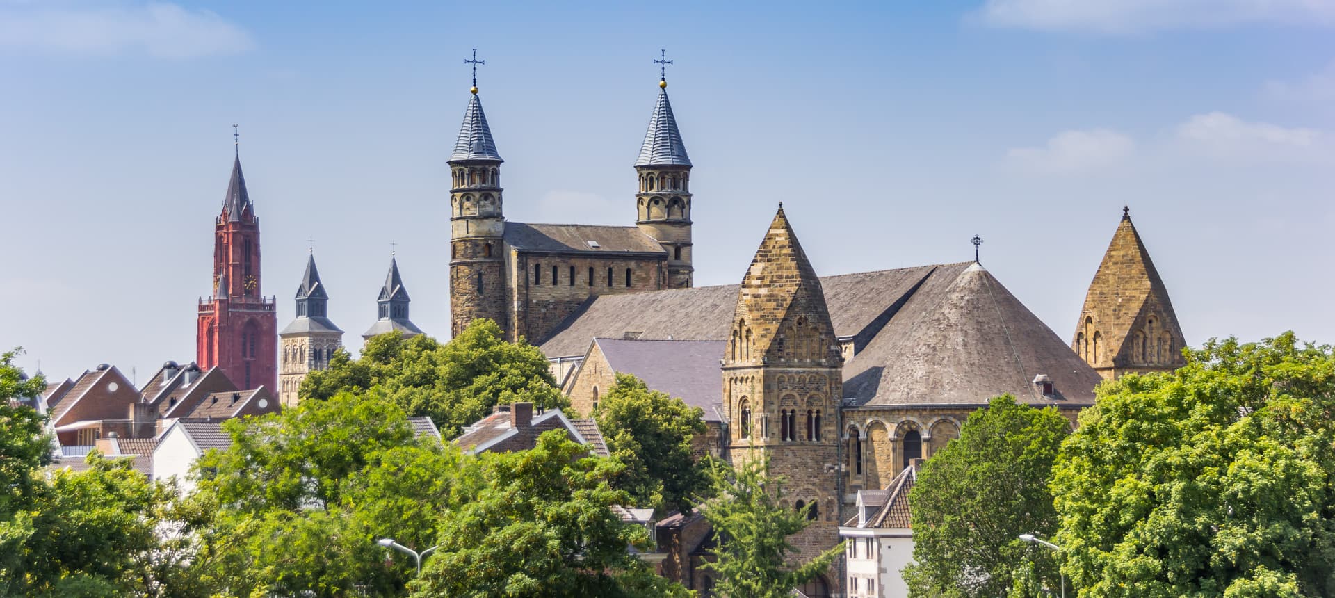 Historic church towers and rooftops visible above lush green trees in Maastricht panorama.