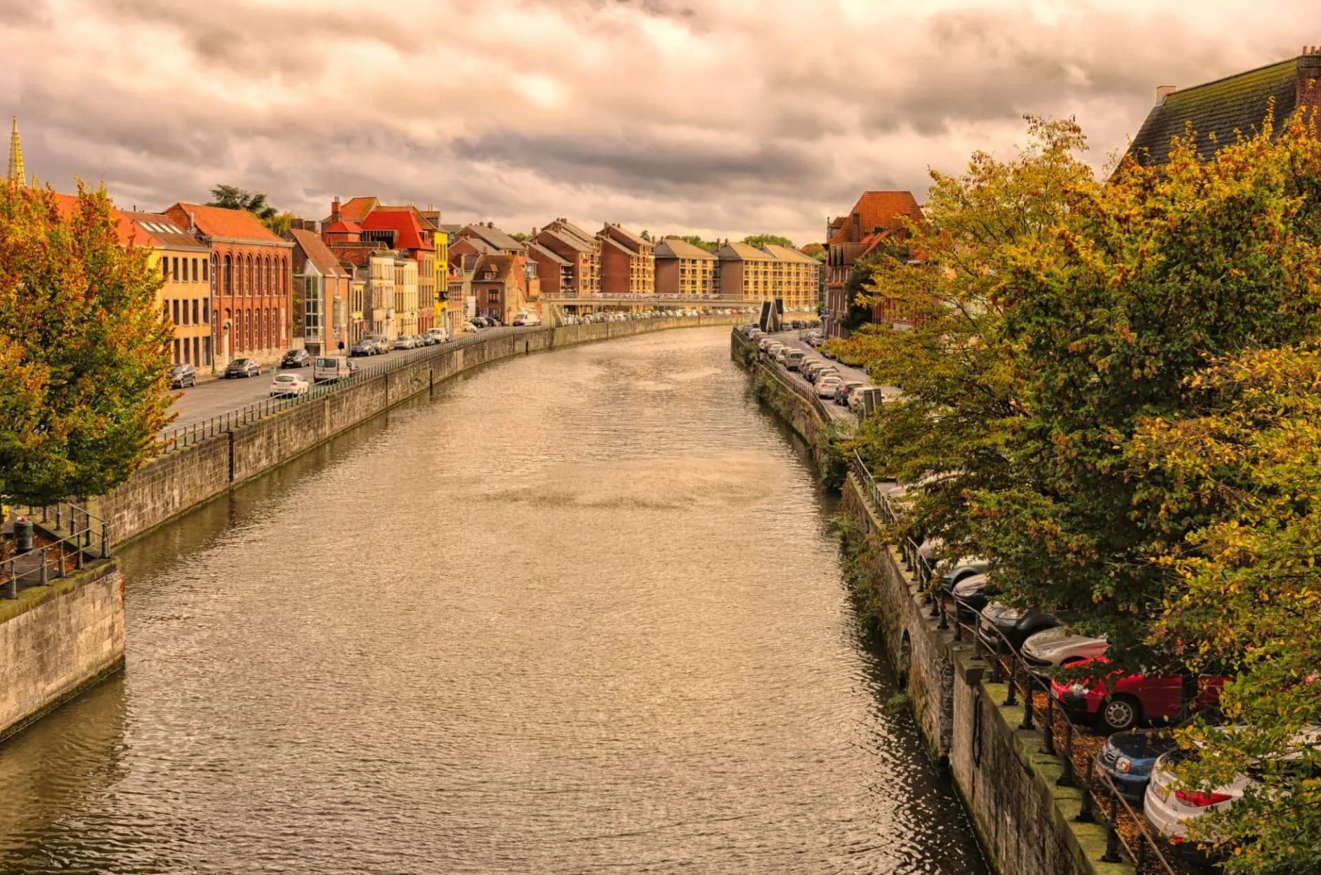 River Scheldt flowing between stone embankments lined with autumn trees and parked cars.