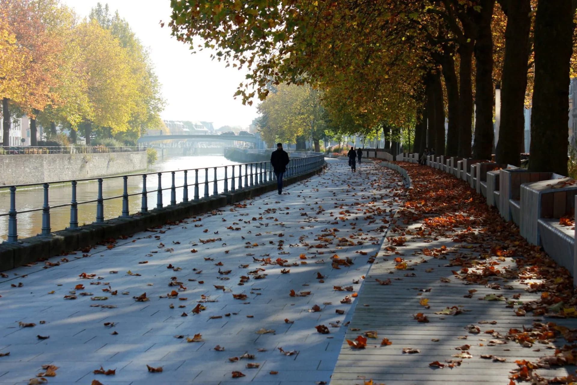 People walking and cycling along a canal path covered in autumn leaves in Tournai.