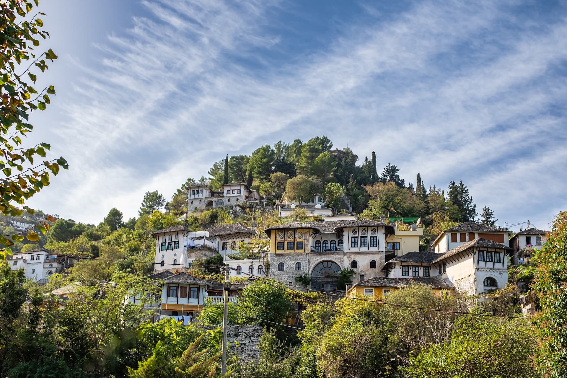 Old Ottoman houses climbing a lush green hillside under a blue sky in Gjirokaster, Albania.