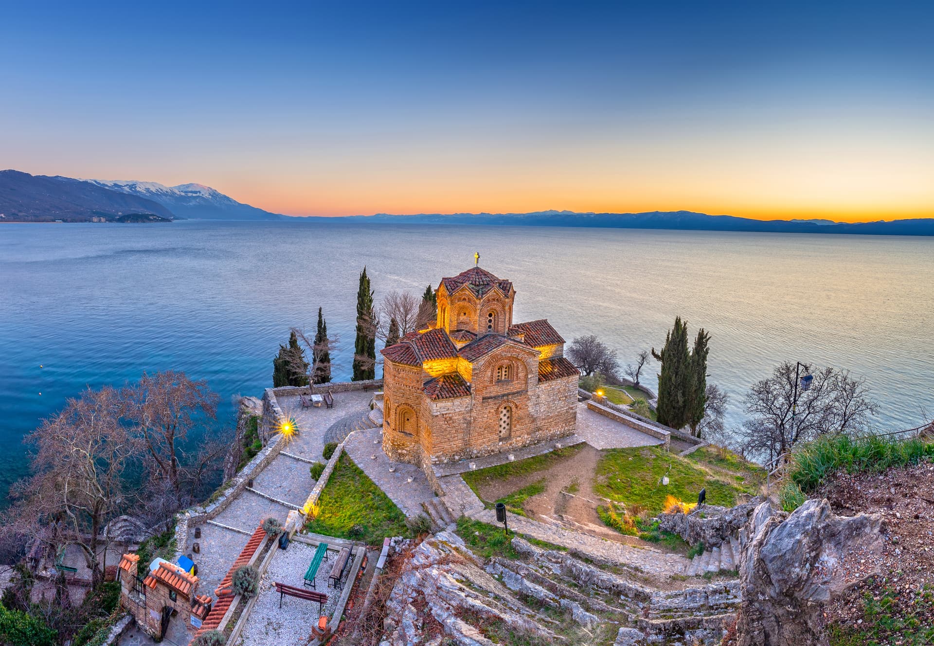 Church of St. John at Kaneo overlooking Lake Ohrid, Macedonia at sunset