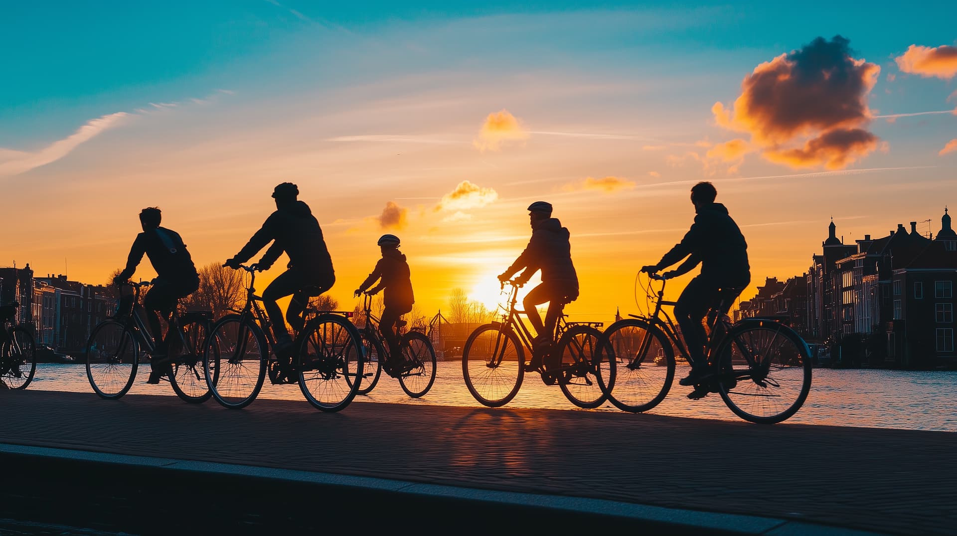 Cyclists silhouetted against sunset over canal with historic buildings in Amsterdam