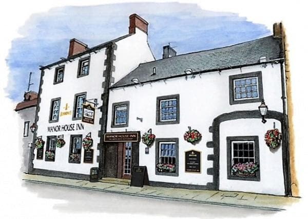 Watercolor illustration of Manor House Inn building facade on a street.