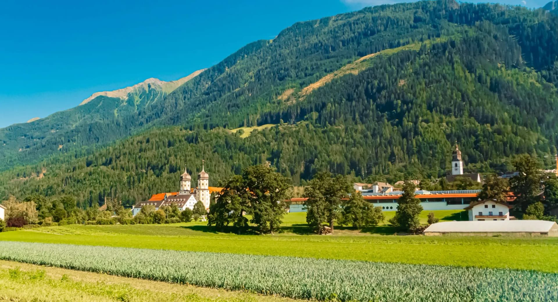 Alpine summer view with Stift Stams monastery on a sunny summer day at Stams, Imst, Tyrol, Austria