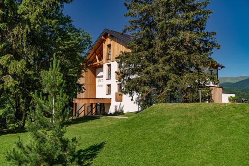 Alpine guesthouse with wood accents surrounded by green lawn and tall trees under blue sky