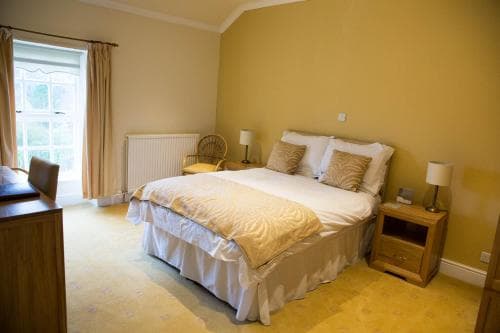 Bedroom in Llwyn Onn Guest House with double bed, yellow walls, and window with curtains.