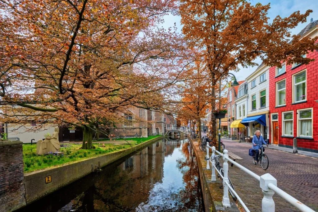 Canal in Delft with autumn trees, historic buildings, and a person cycling on the street.