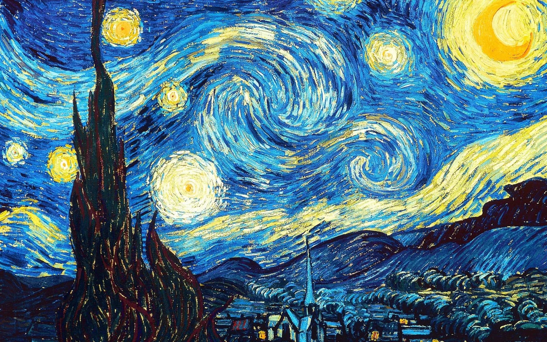 Swirling blue and yellow night sky with bright stars over a dark village and cypress tree.