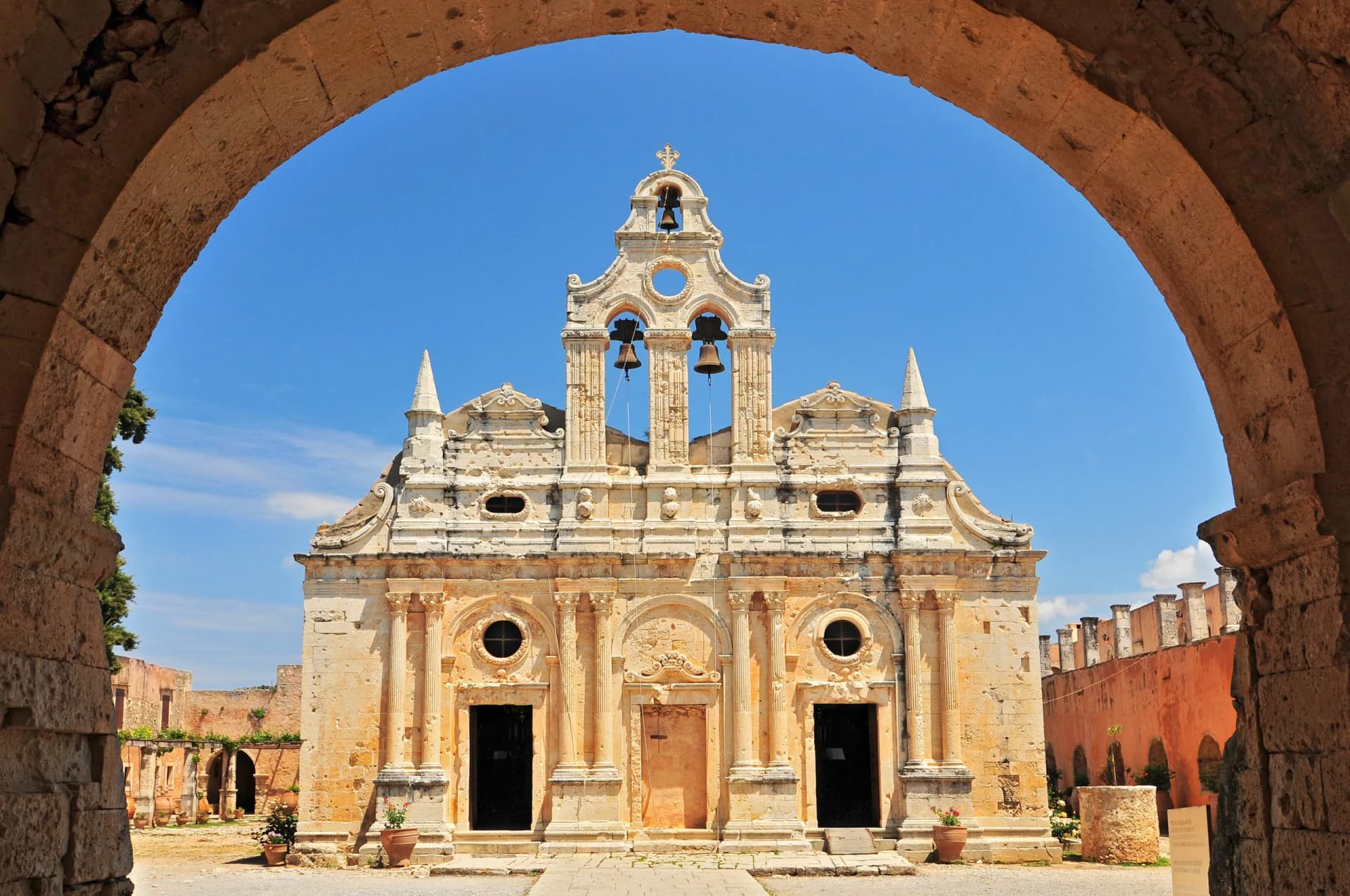 The main church of Arkadi Monastery, symbol of the struggle of Cretans against the Ottoman Empire, Rethymno, Crete, Greece.
