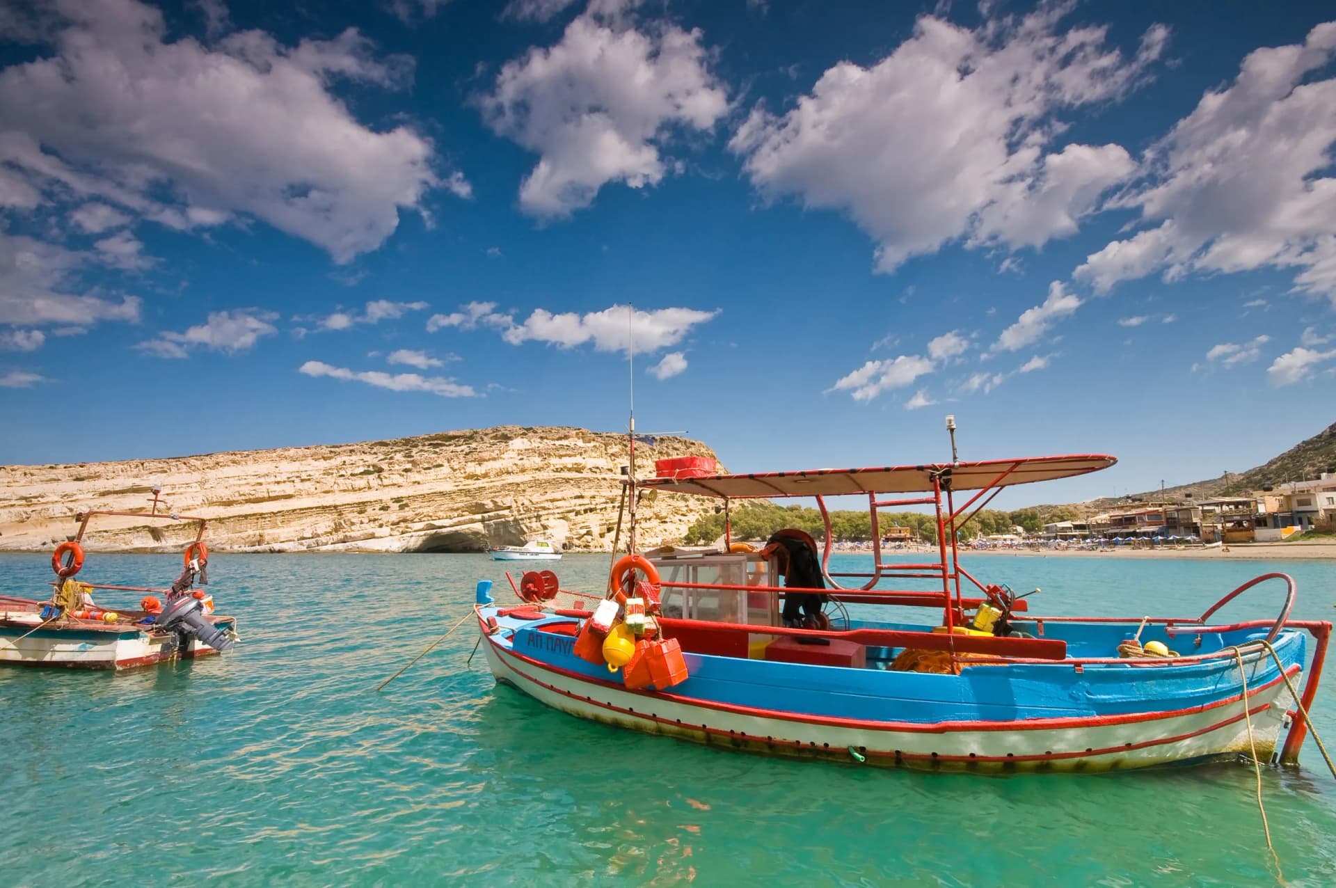 Fishing boats anchored in Matala bay, Crete, Greece