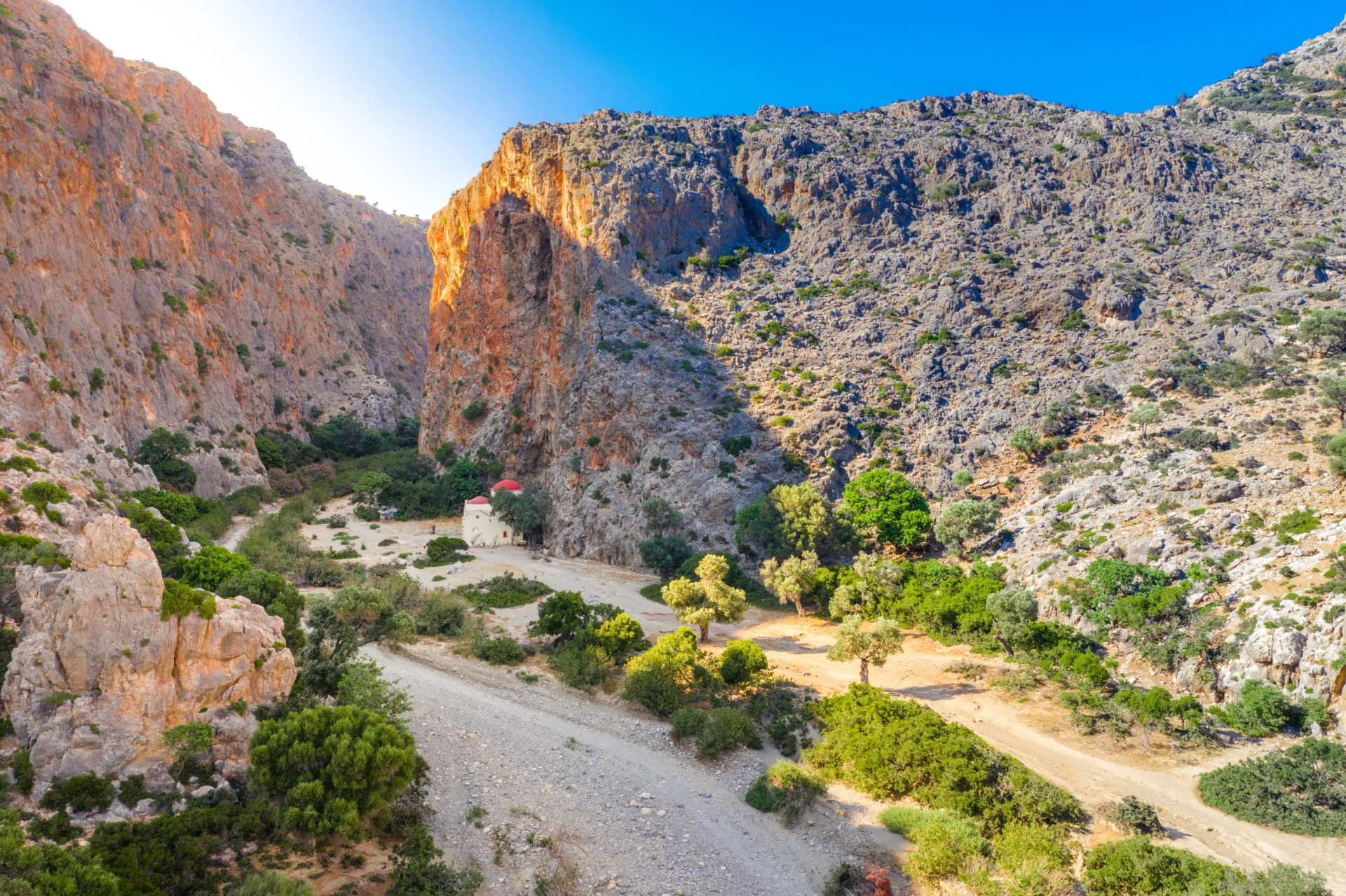 The old church of Agios Antonios in the gorge of Agiofarago near the beach, Crete, Greece.