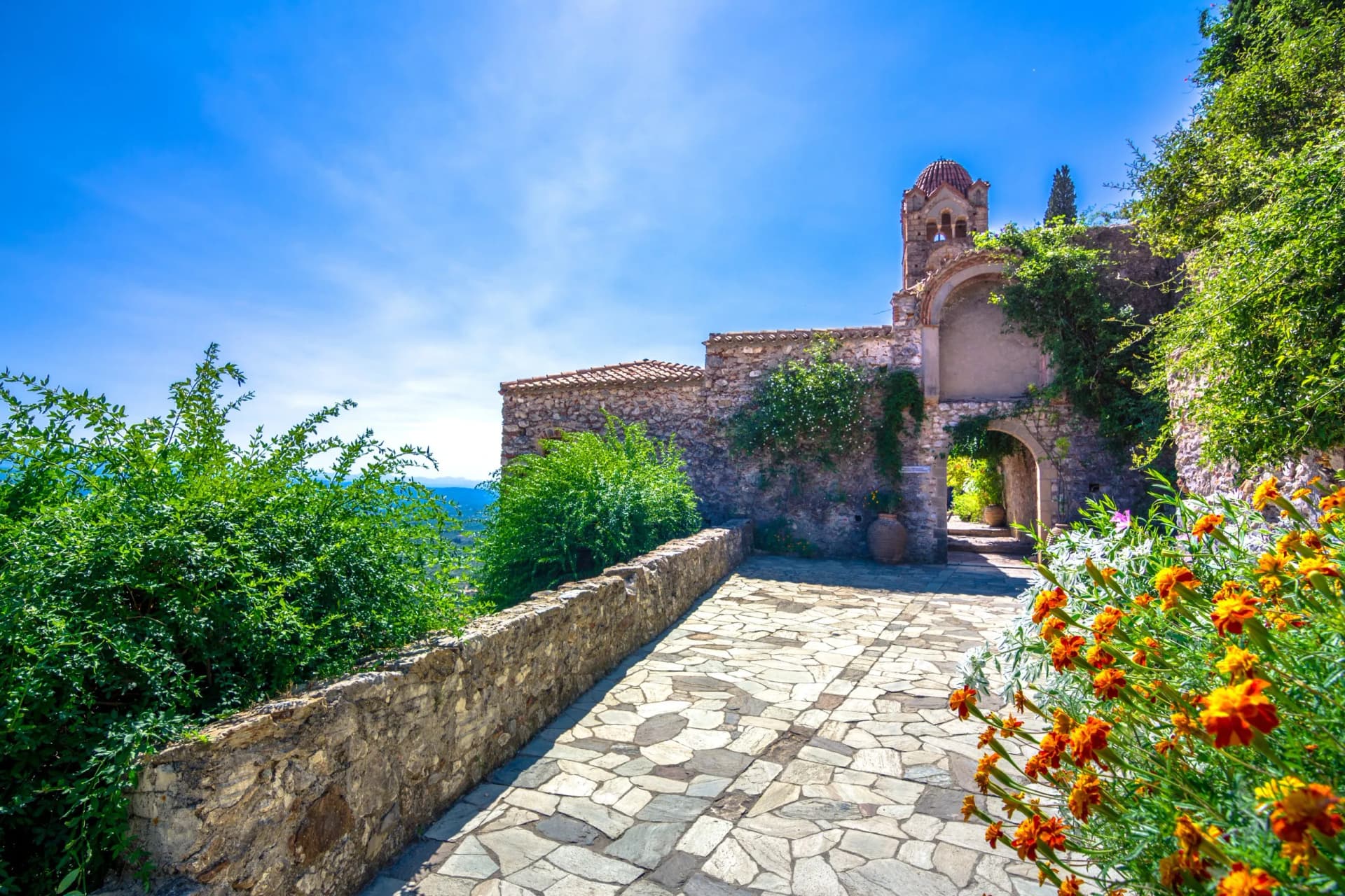 Ruins and churches of the medieval Byzantine ghost town-castle of Mystras, Peloponnese, Greece