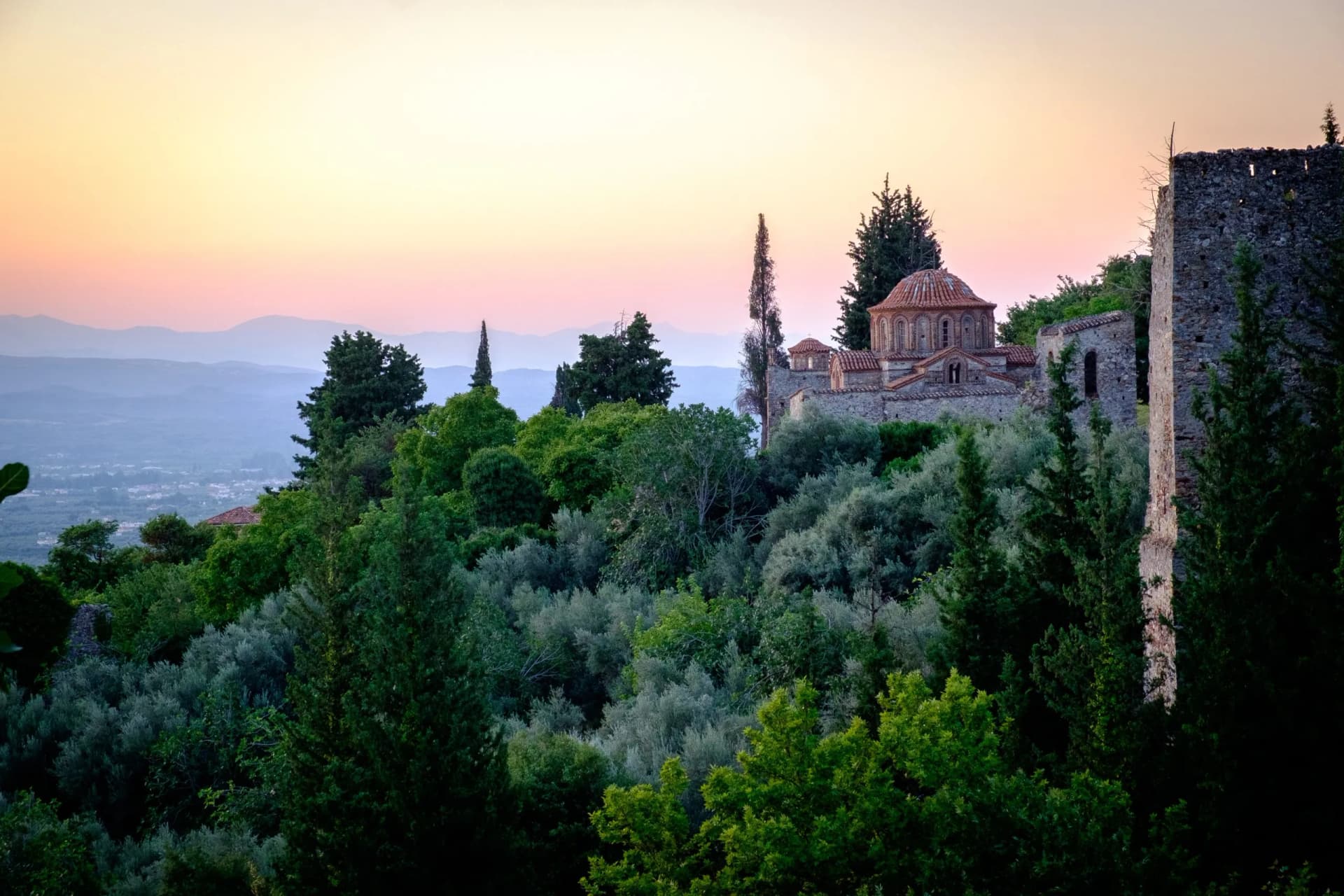 Ruins of the medieval Byzantine ghost town-castle of Mystras, Peloponnese, Greece
