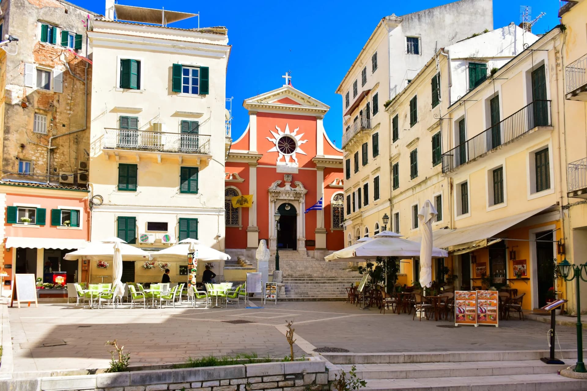 Corfu Town main square. Kerkyra island, in the Mediterranean sea
