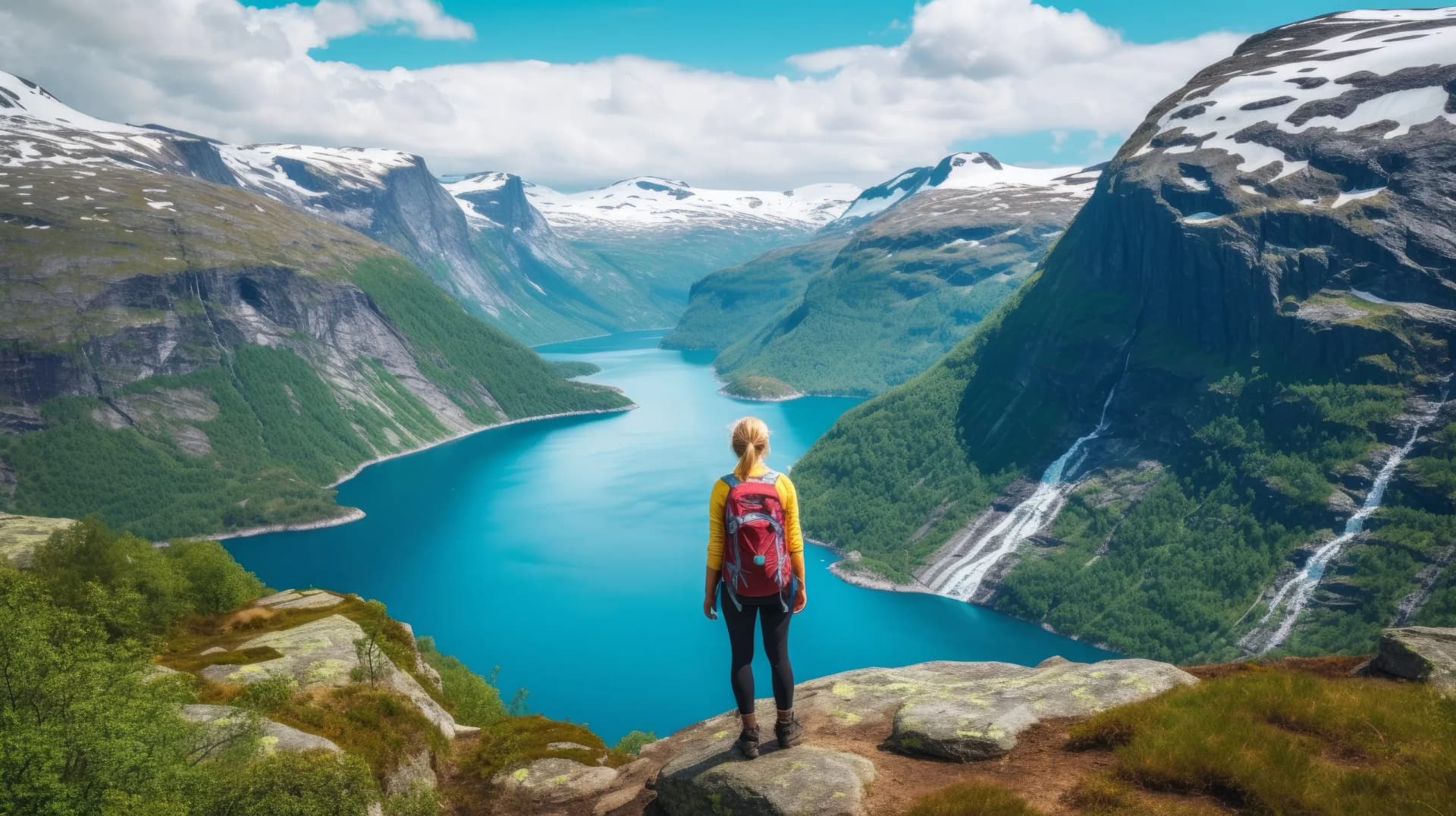 Young female hiker standing in awe and admiring 7 sisters waterfall in Norway, Geiranger Fjord, o a summer day