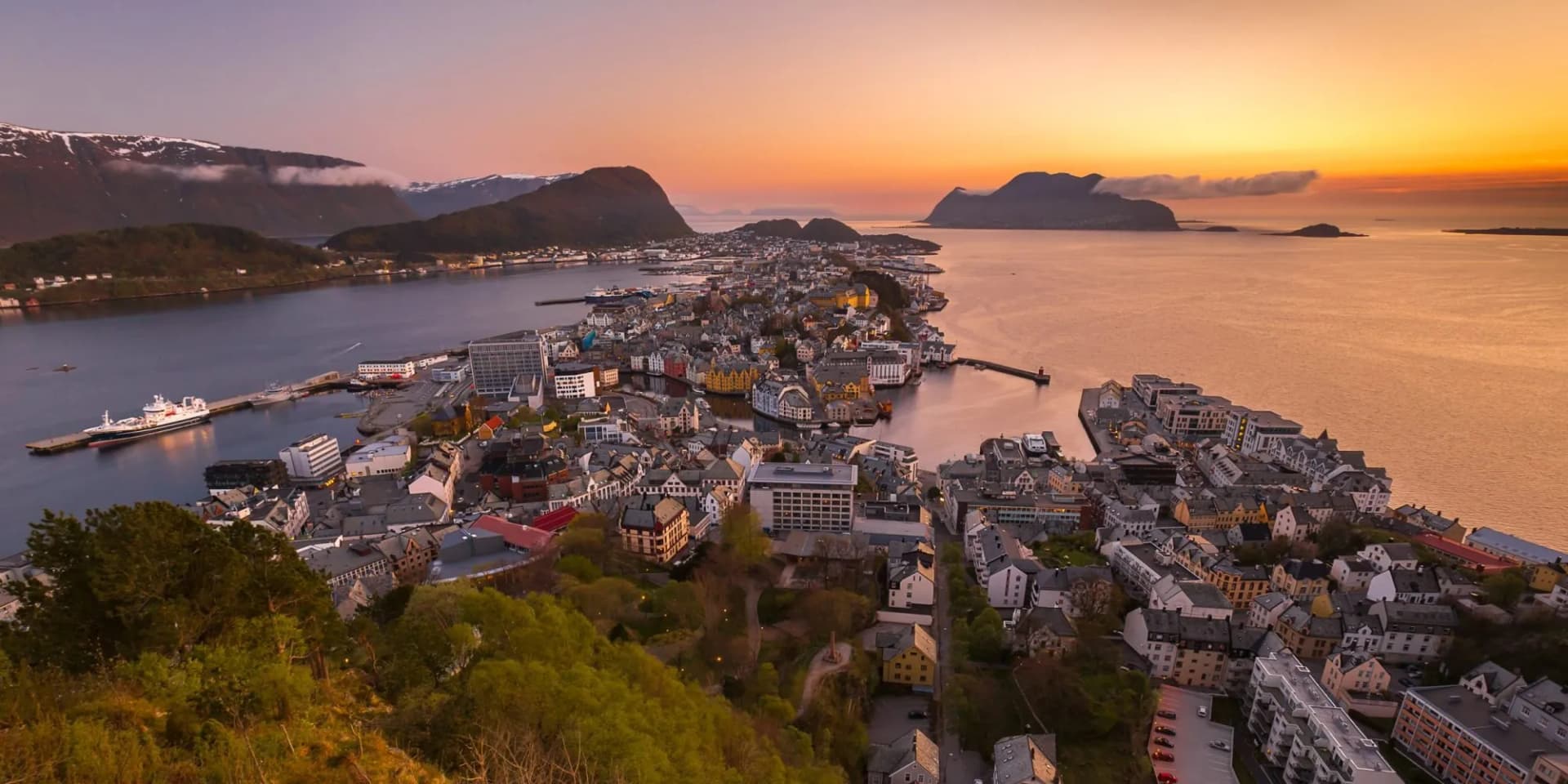 View of Alesund, Norway at sunset
