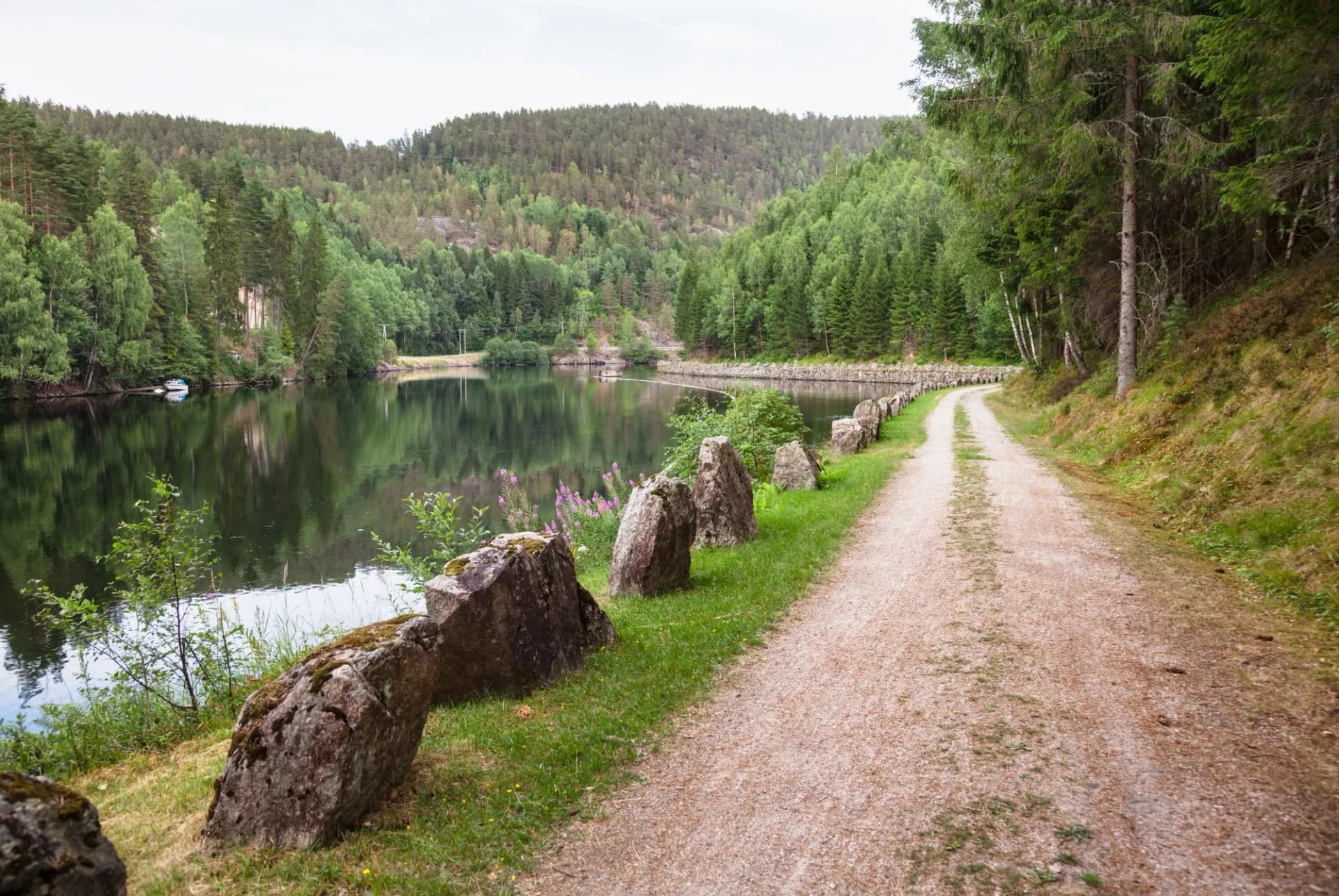 Gravel road alongside a calm lake reflecting dense green forest, Telemark Canal Road.