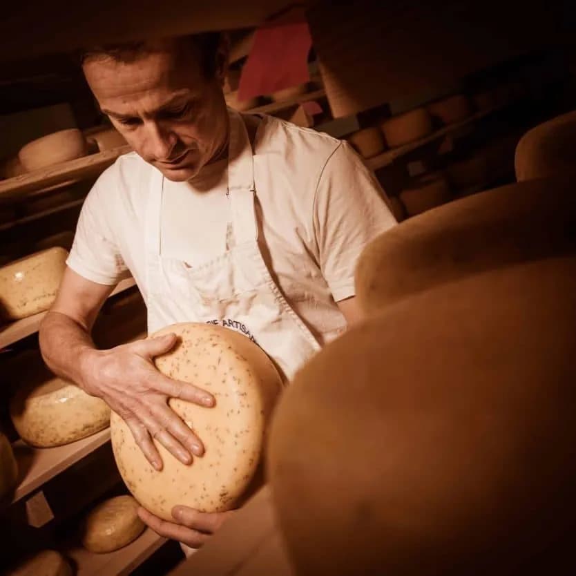 Cheesemaker inspecting a wheel of cheese in a dimly lit aging cellar in Pokljuka.