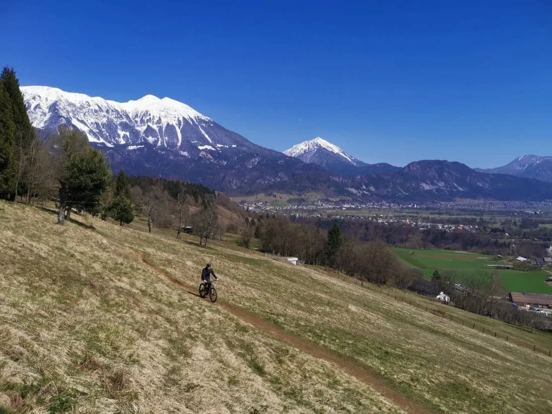 Mountain biking on grassy slope above Bled valley with snow-capped Julian Alps