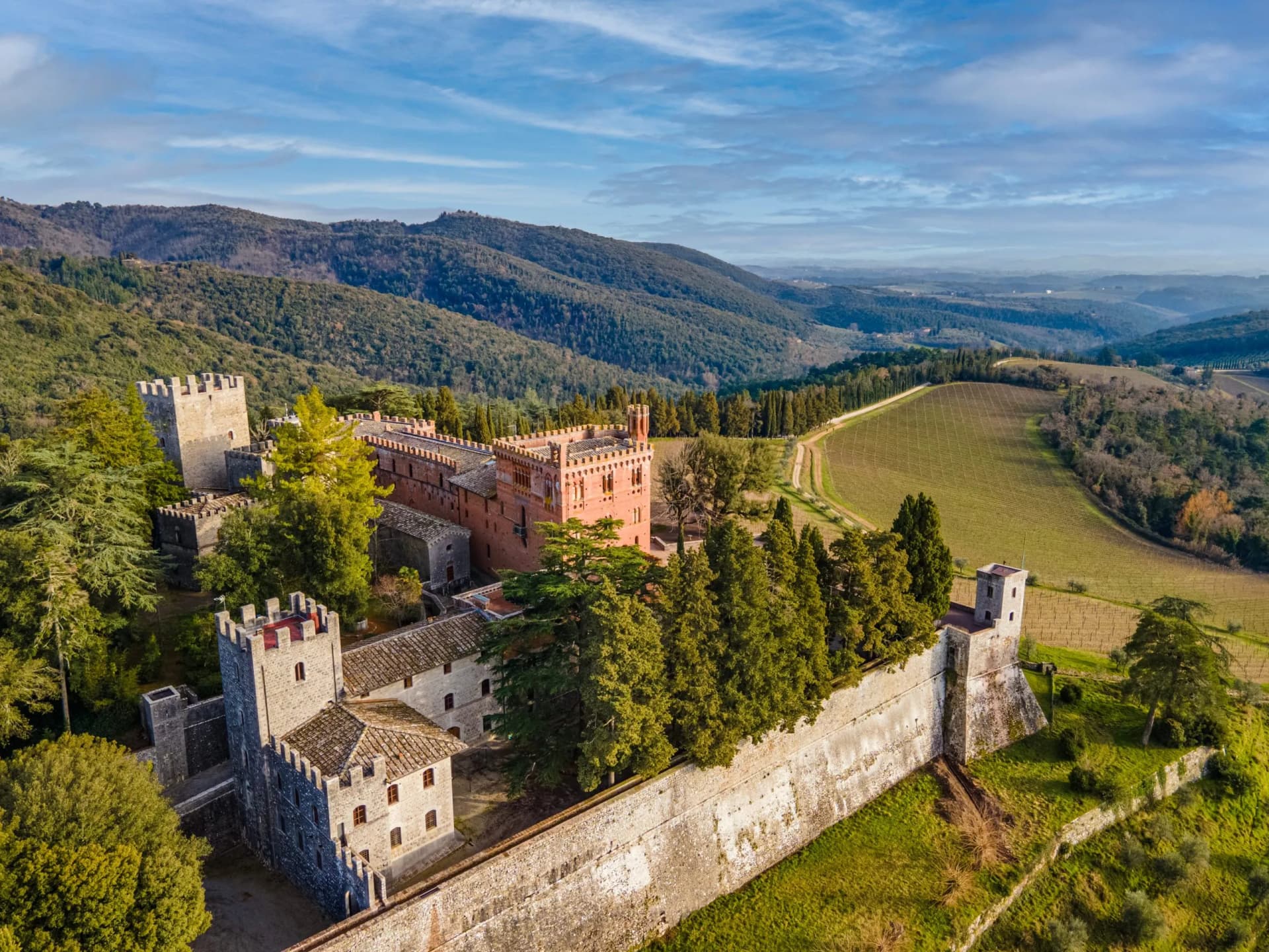 Fortified castle complex with red and stone towers surrounded by green hills and vineyards under a blue sky.