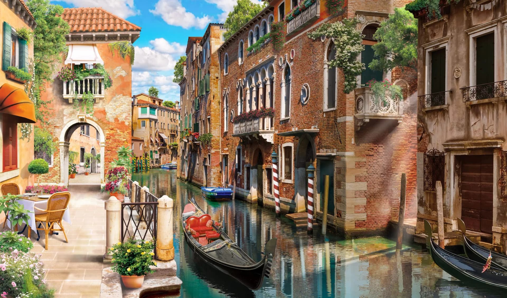 Gondola on canal next to historic brick buildings with outdoor cafe seating in Venice.