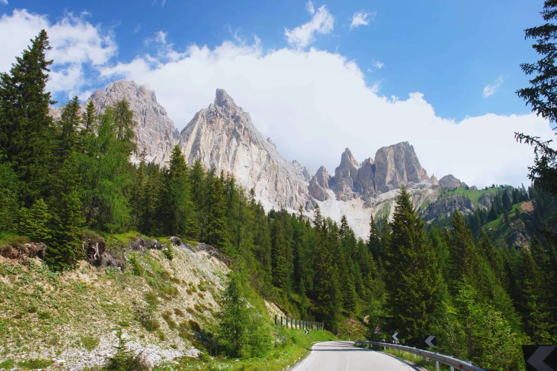 Winding road through pine forest toward jagged, light-colored peaks at Tre Croci Pass, Italian Alps.