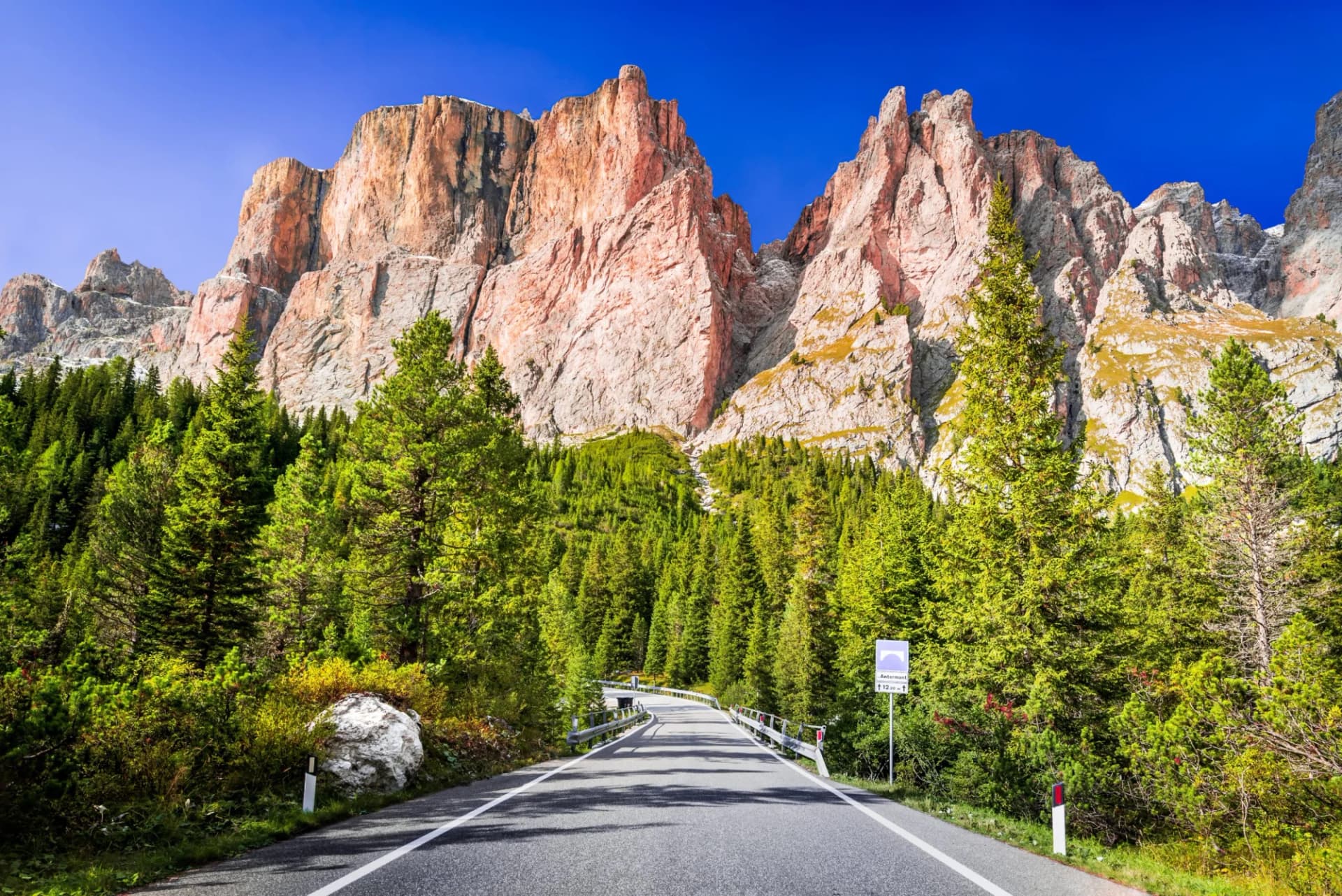 Road leading toward massive pink Dolomite mountains above dense green pine forest