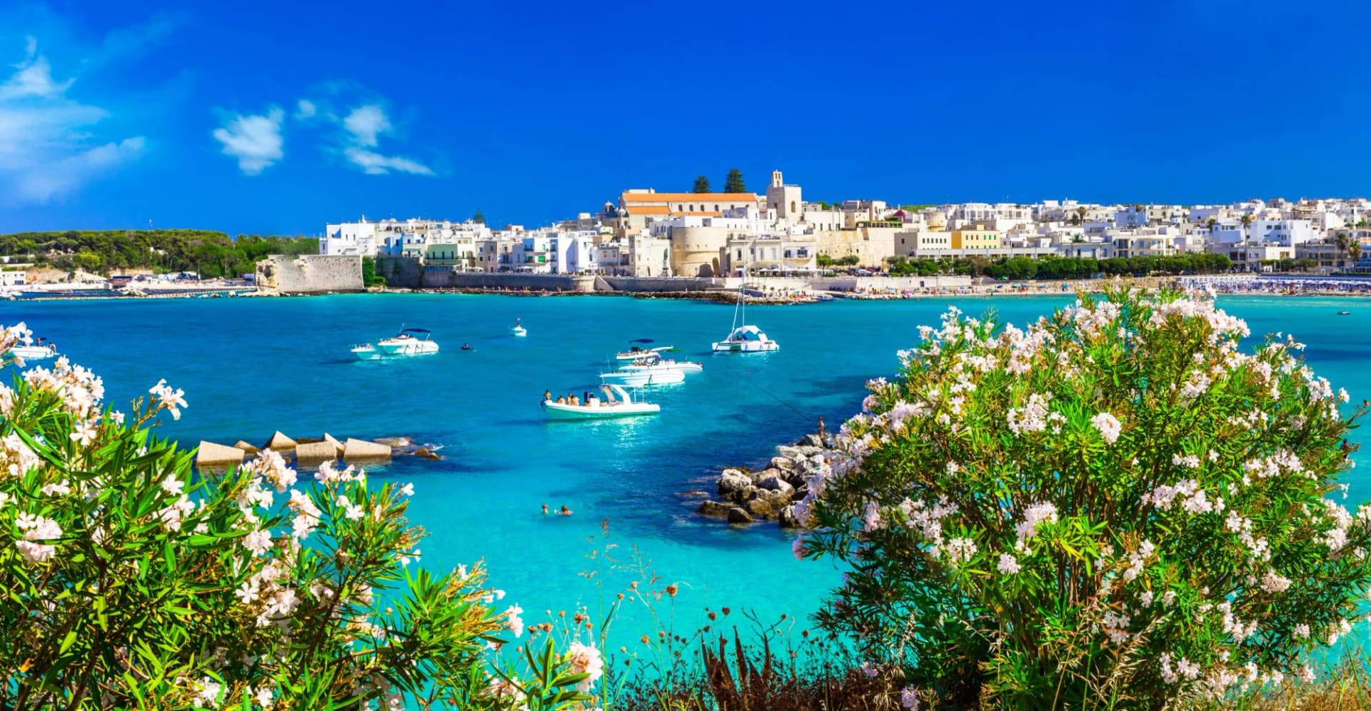 Boats on turquoise water near white coastal town with flowering oleander in foreground, Otranto, Puglia.