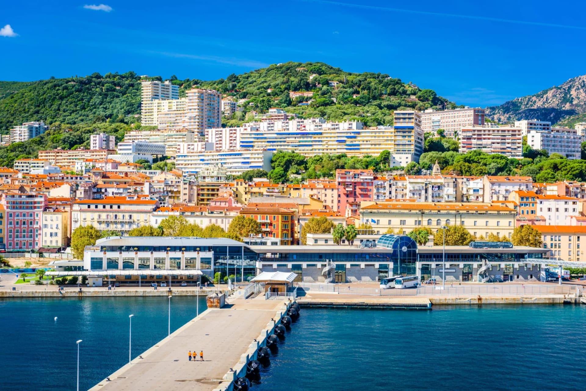 Ajaccio, Corsica coastal skyline with colorful buildings rising up a green hill above the harbor.