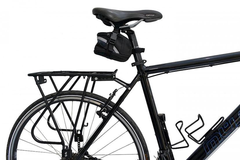 Black touring bicycle rear section with rack, seat bag, and water bottle cages against white background.