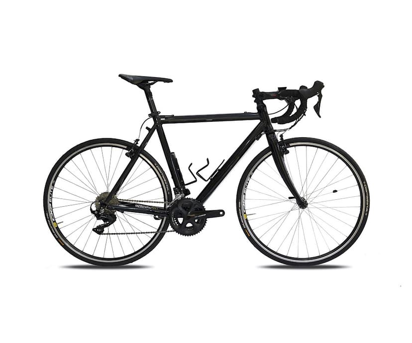 Black Muesing road bike with water bottle cages on a white background