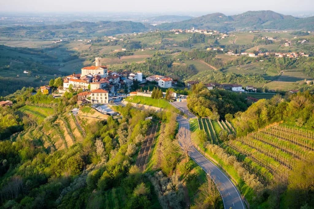 Hilltop village of Goriška Brda surrounded by green, terraced vineyards and rolling hills.