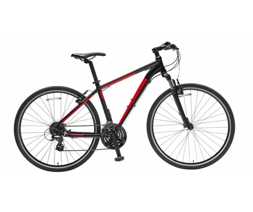 Black and red hybrid trekking bicycle isolated on white background