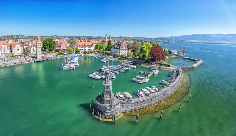 Harbor on Lake Constance with statue of lion in Lindau
