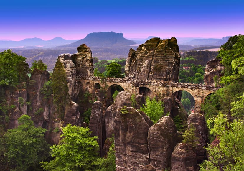 Bastei Bridge and Mesa Lilienstein, Saxon Switzerland, Saxony, Germany, Europe.