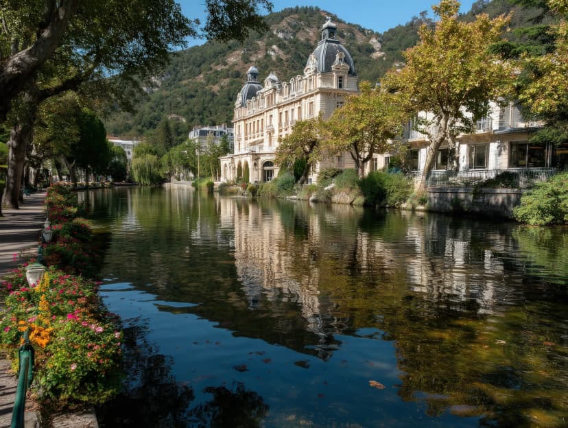 Scenic view of thermal spa town Aix-les-Bains with lakes and mountains