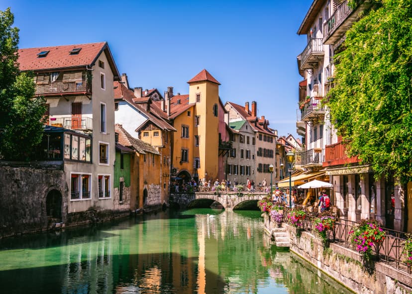 Annecy old town cityscape and Thiou river view and bridge