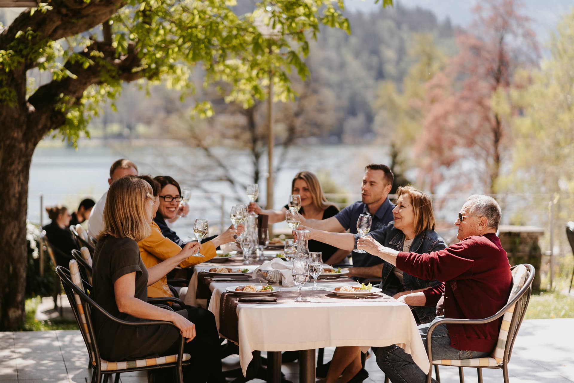 Group toasting with white wine outdoors by a lake, likely in Bled.