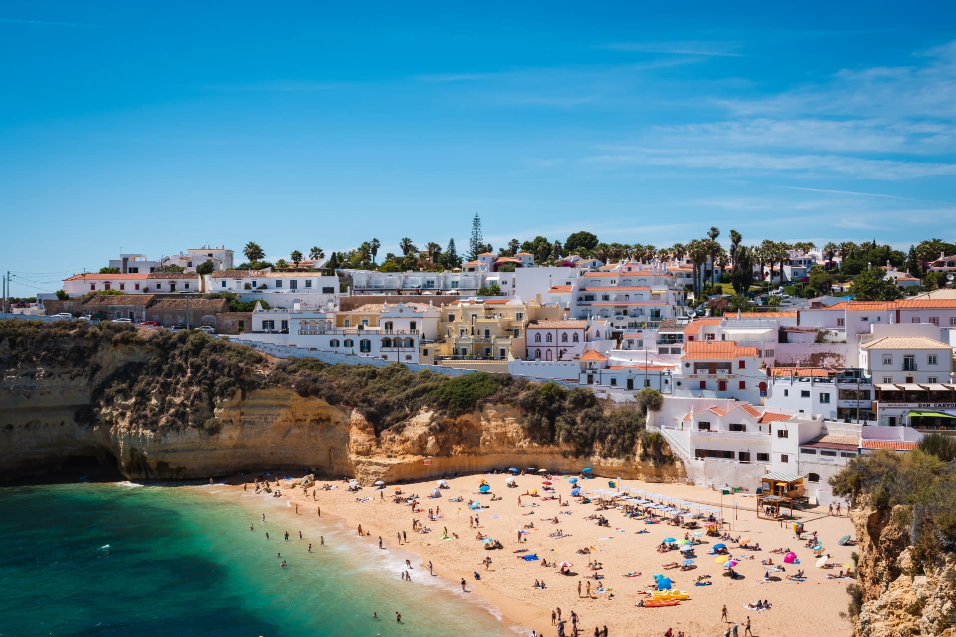 village of white houses on the coast