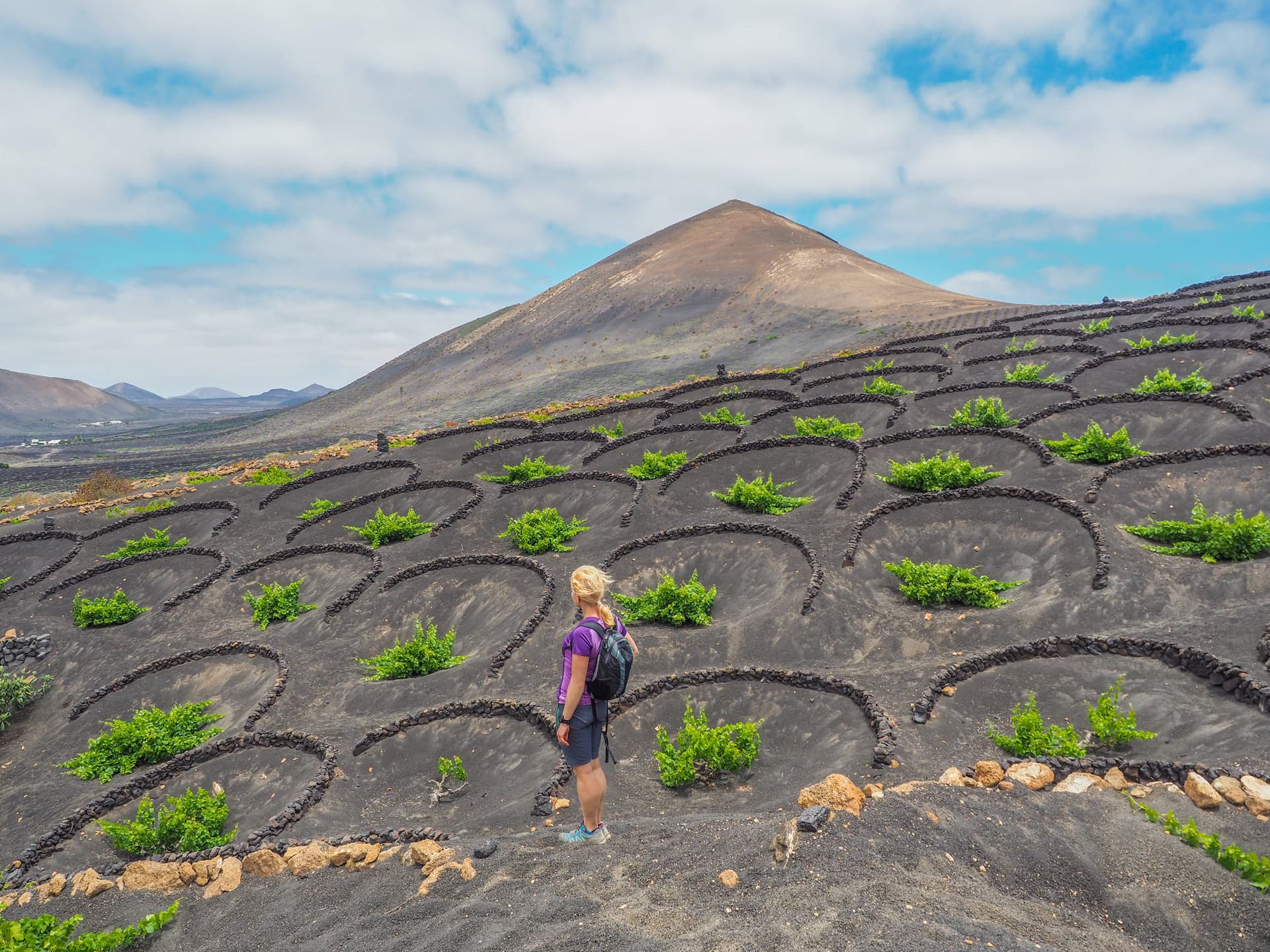 Person standing in La Geria vineyard with volcanic soil and grapevines in Lanzarote, Canary Islands.