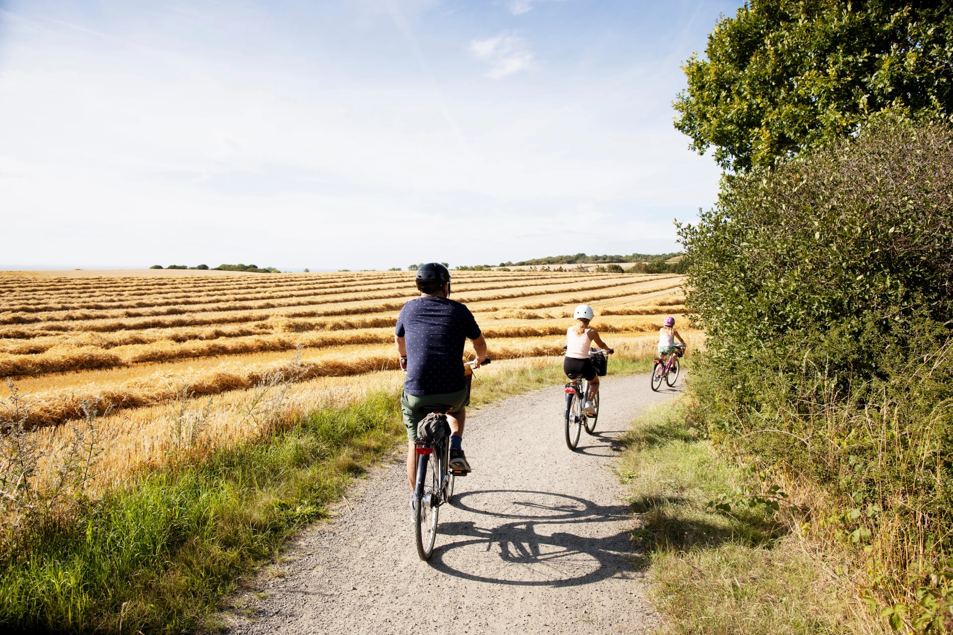 Man and his daughters bicycling on rural road
