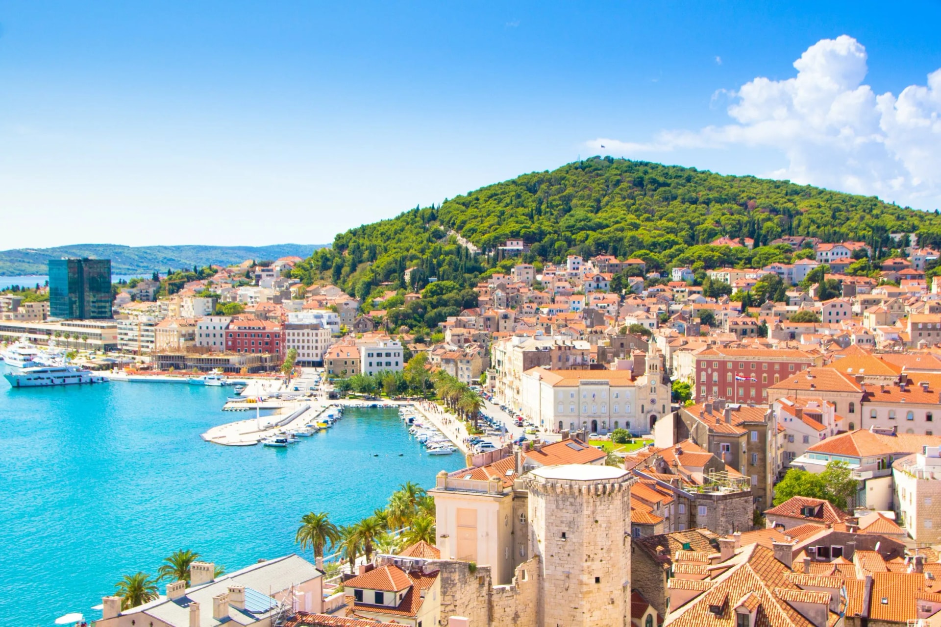 Split, Croatia. View on Split town and Marjan hill, warm summer sunny day.