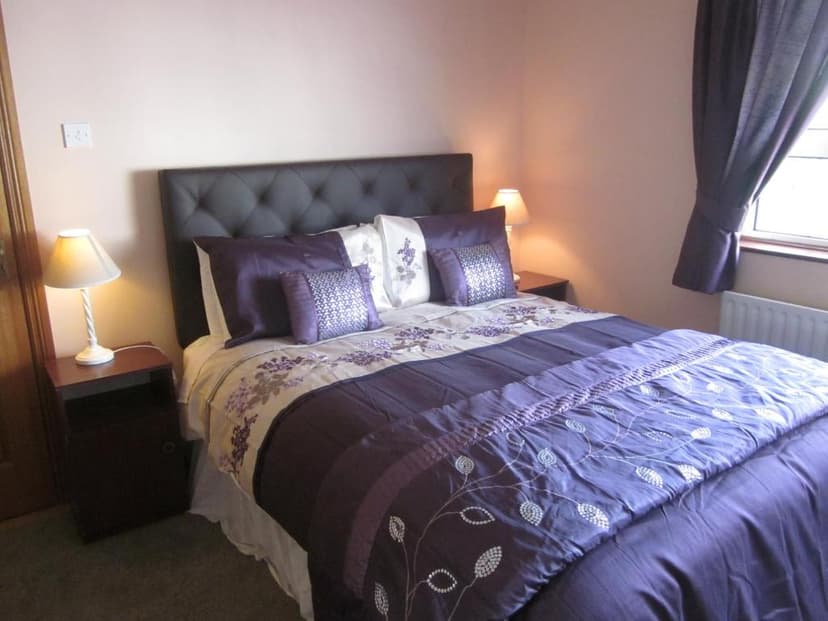Bedroom with purple bedding, tufted headboard, bedside lamps, and dark curtains near a window.